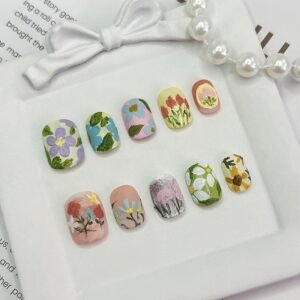 Short Fake Nails Hand Painted - 3D Floral Art Fake Nails